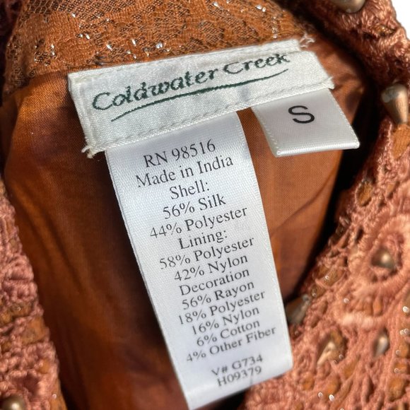 56% Silk Lace Beaded Jacket S Coldwater Creek Bronze Floral Metallic Button-up - Picture 5 of 16